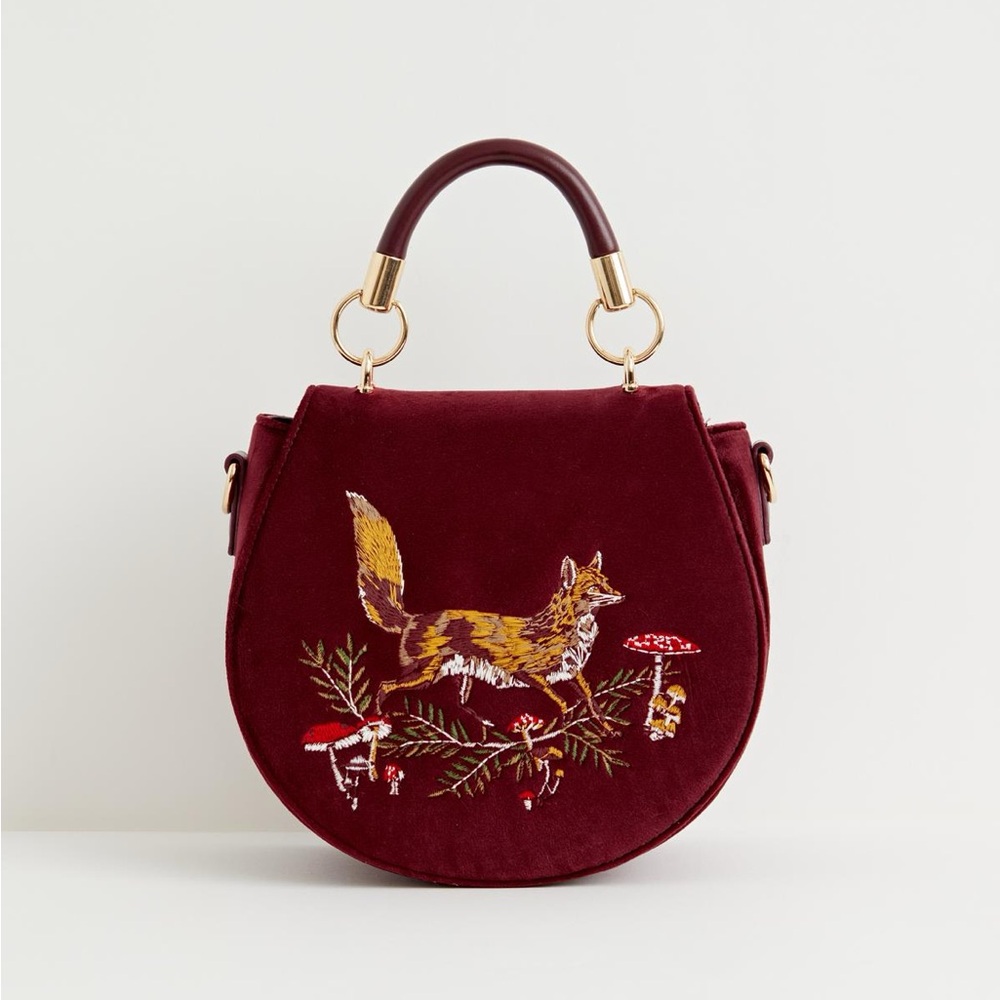 NWT Fox & Mushroom Velvet Embroidered Saddle Bag - Redcurrant by Fable E…